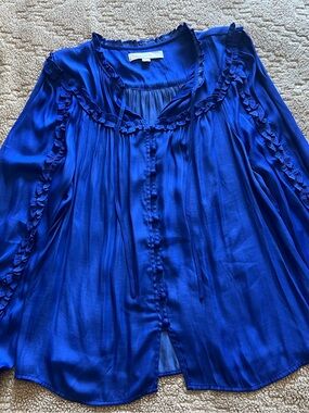 LOFT Royal Blue Ruffle-Trim Button Front Blouse